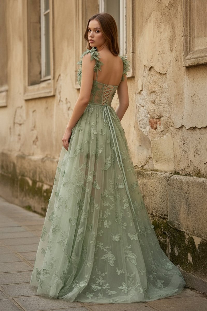 sachin and babi light blue dress Lydia A line Butterfly Lace Tulle Lilac Corset Prom Dress with Slit