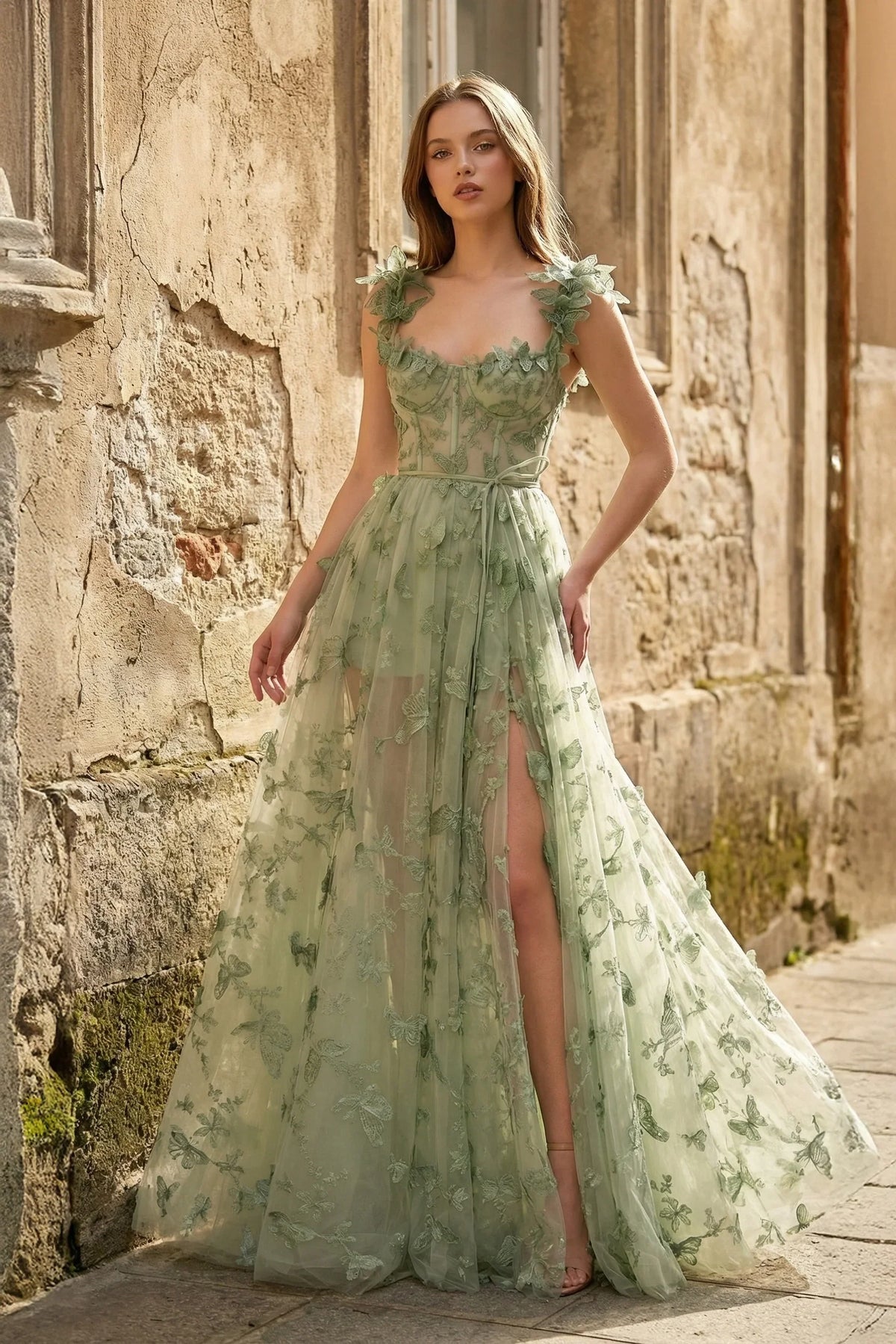 prom dress corset A-line Butterfly Lace Lilac Corset Prom Dress with Slit