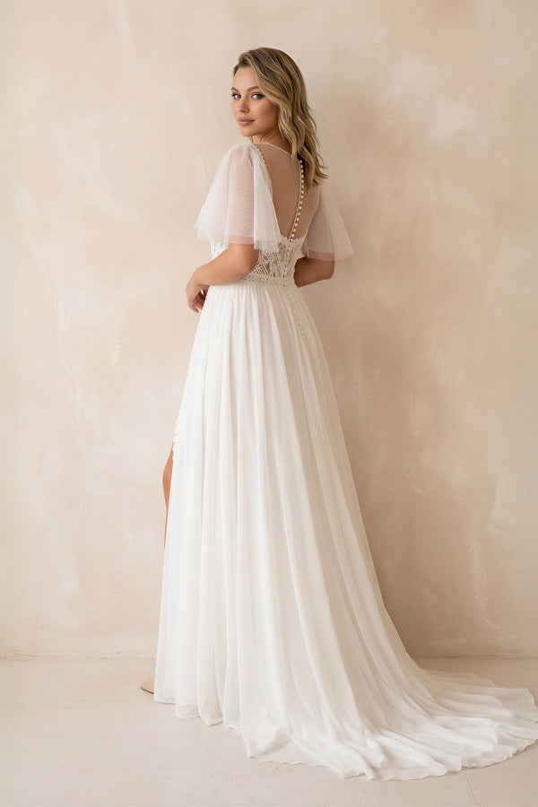 Plus Size Sweetheart Short Sleeves Sweep Train Chiffon Wedding Dresses
