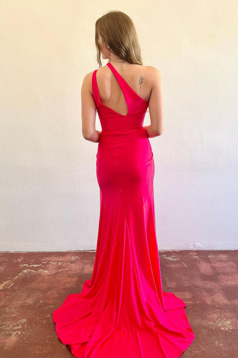 Patrice | Simple Mermaid Red Satin One Shoulder Long Prom Dress with Slit