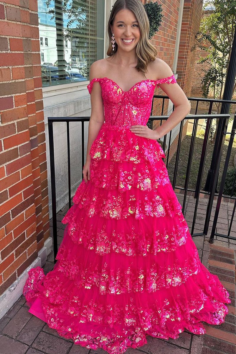 Princess Off the Shoulder Sequined Lace Prom Dress, Fuchsia / 10