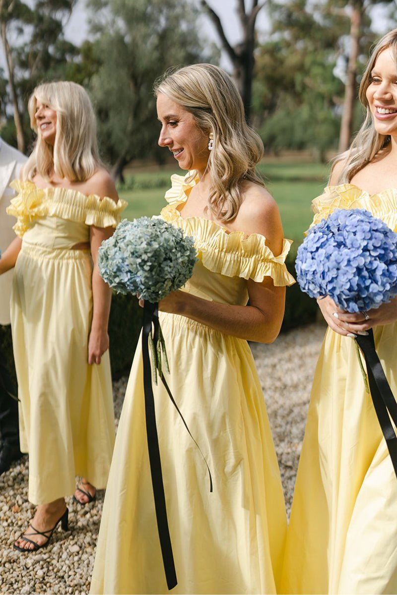 Yellow Off the Shoulder Ruffle Cotton Ankle Length Bridesmaid Dresses Yellow Off the Shoulder Ruffle Cotton Ankle Length Bridesmaid Dresses