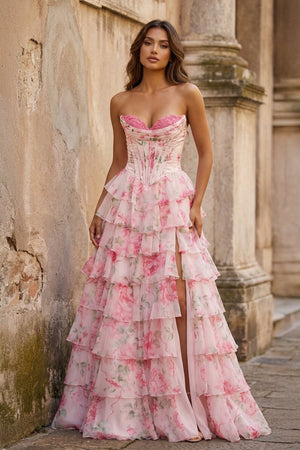 A Line Floral Blush Tiered Chiffon Long Corset Prom Dress with Slit - KissProm