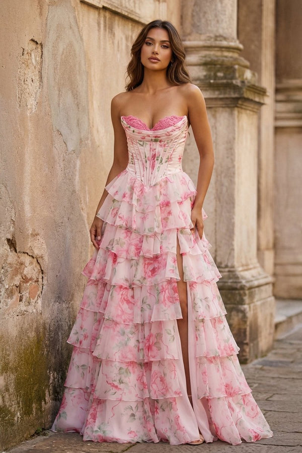 A Line Floral Blush Tiered Chiffon Long Corset Prom Dress with Slit - KissProm