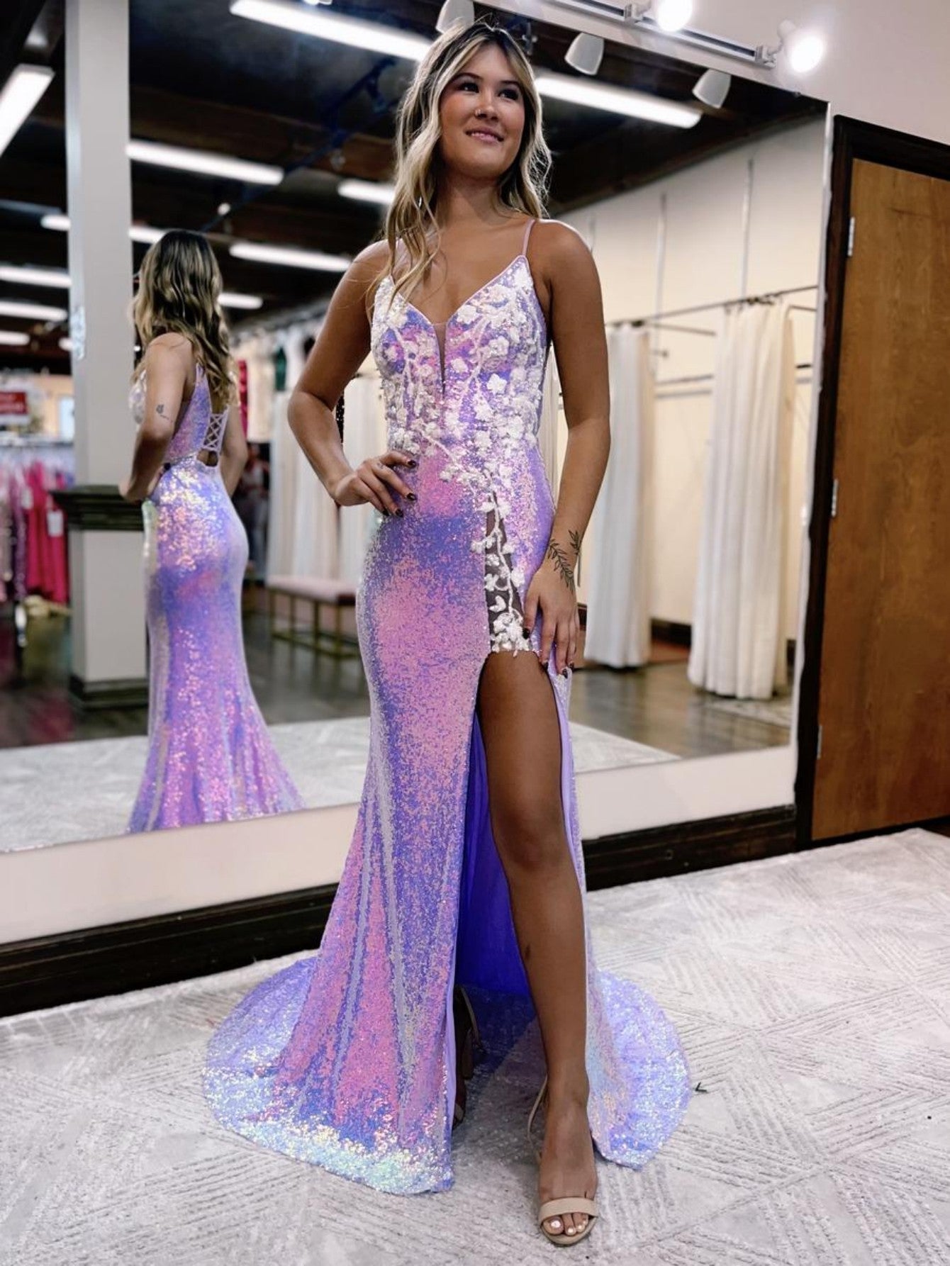 Purple Glitter Floral Long Prom Dress with Slit