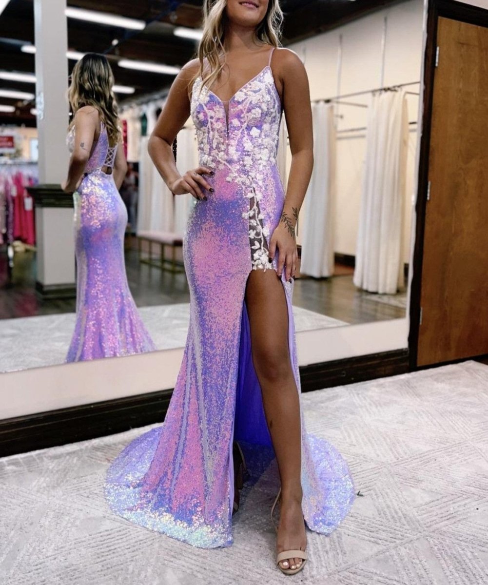 Mermaid Glitter Lavender Floral Long Prom Dress with Slit, Lavender / 12 Mermaid Glitter Lavender Floral Long Prom Dress with Slit, Lavender / 12