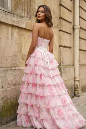 A Line Floral Blush Tiered Chiffon Long Corset Prom Dress with Slit - KissProm