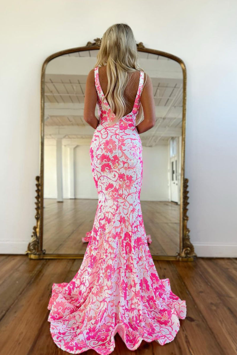 Bailey | Pink V Neck Sequin Lace Mermaid Prom Dress