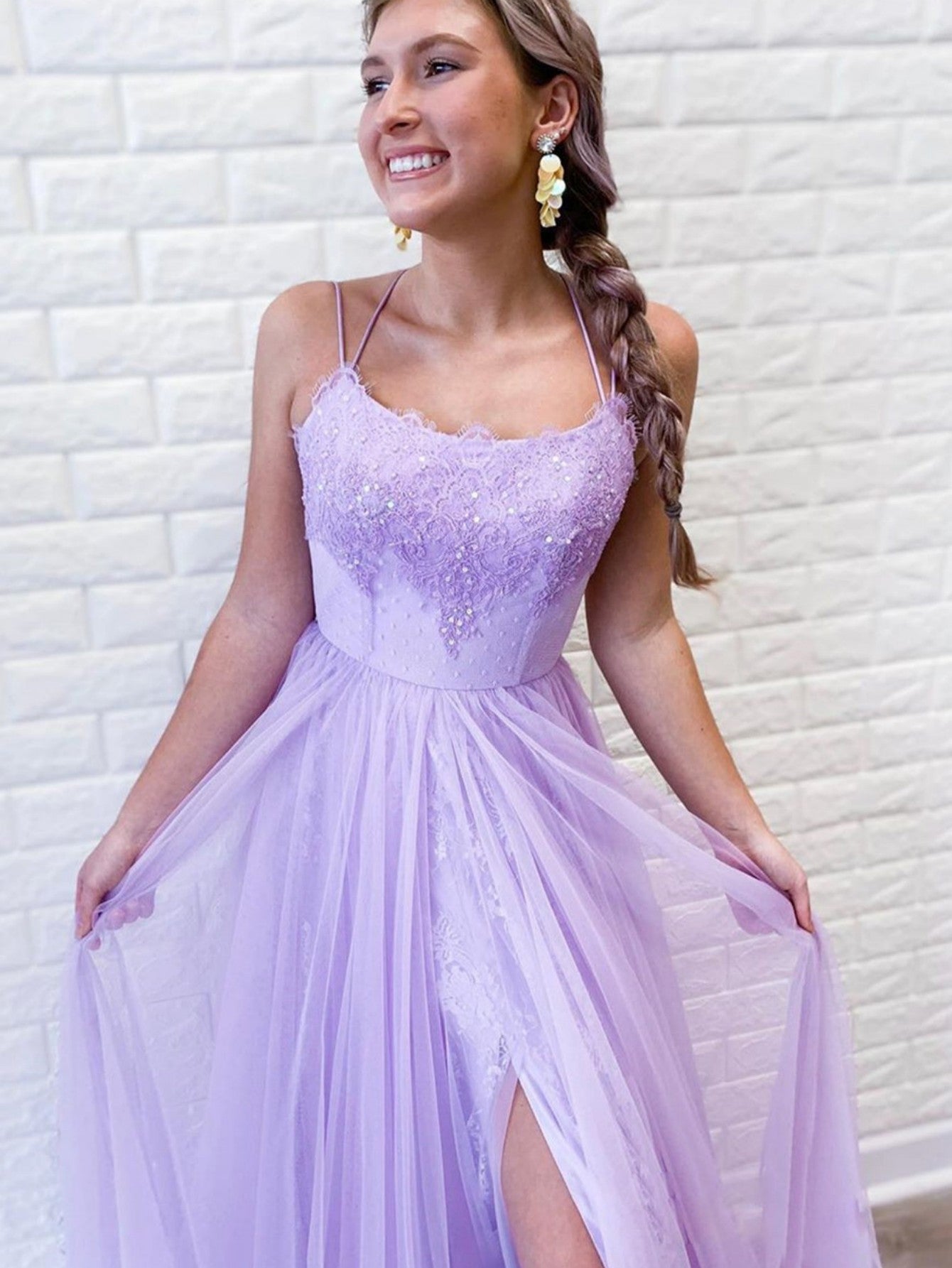 A Line Purple Backless Tulle Long Prom Dress
