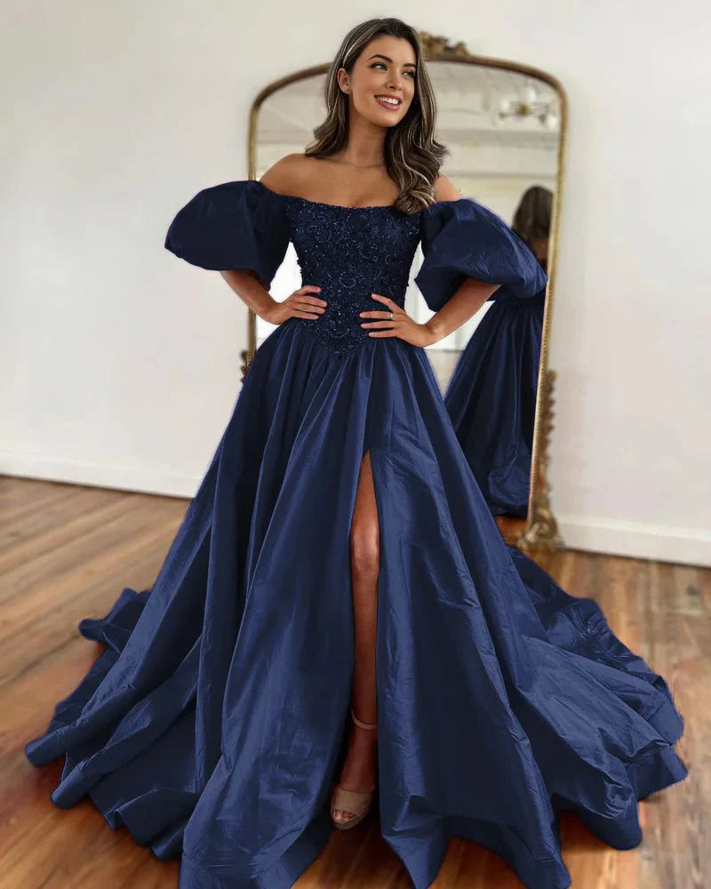 open lace back dress A-Line Off The Shoulder Taffeta Prom Dress with Short Puffy Sleeves, Red / 16 main image 1