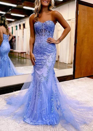 Blue Mermaid Sweetheart Neck Lace Long Prom Dress With Appliques -KissProm