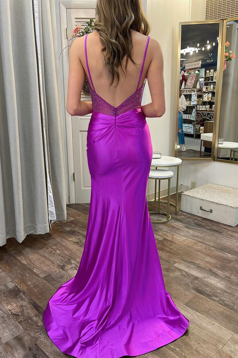 Olive | Purple Sweetheart Satin Mermaid Long Prom Dresses with Slit