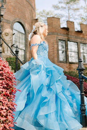 Blue Off the Shoulder Ruffle Tiered Tulle Long Prom Dresses with Appliques - KissProm