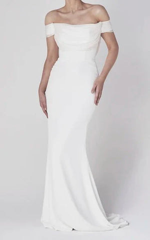 Off-the-shoulder Elegant Mermaid Satin Wedding Dress With Tiers And V-back