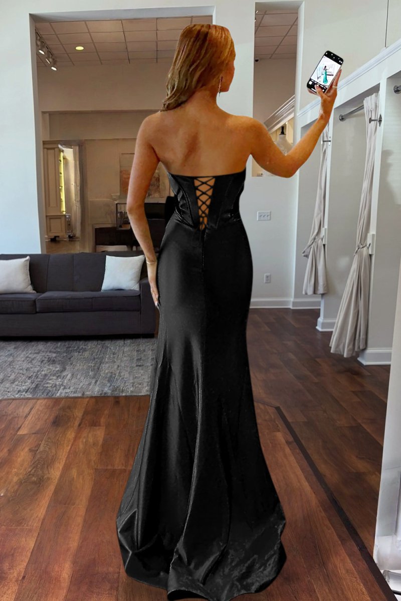 Cabria | Black - Strapless Mermaid Satin Long Prom Dresses With Bowknot - KissProm
