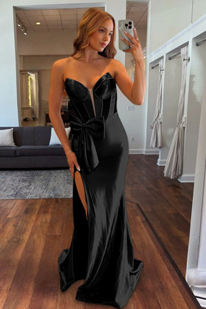 Cabria | Black - Strapless Mermaid Satin Long Prom Dresses With Bowknot - KissProm