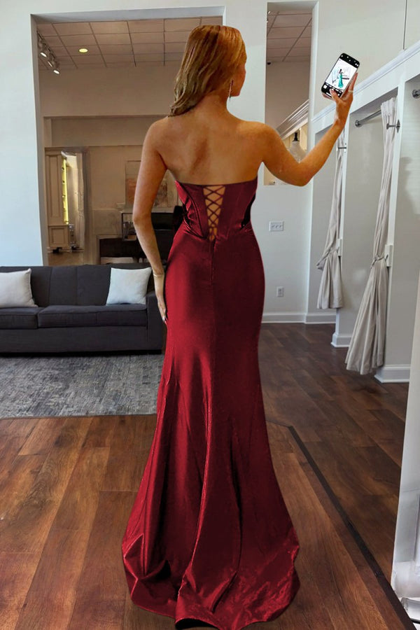 Cabria | Burgundy - Strapless Mermaid Satin Long Prom Dresses With Bowknot - KissProm