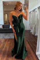 Cabria | Dark Green - Strapless Mermaid Satin Long Prom Dresses With Bowknot - KissProm