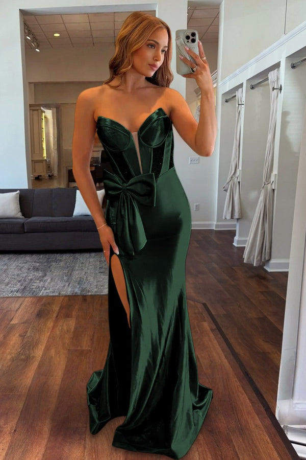 Cabria | Dark Green - Strapless Mermaid Satin Long Prom Dresses With Bowknot - KissProm