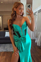 Cabria | Emerald - Strapless Mermaid Satin Long Prom Dresses With Bowknot - KissProm