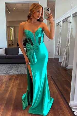 Cabria | Emerald - Strapless Mermaid Satin Long Prom Dresses With Bowknot - KissProm