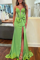 Cabria | Green - Strapless Mermaid Satin Long Prom Dresses With Bowknot - KissProm