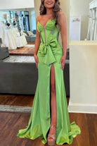 Cabria | Green - Strapless Mermaid Satin Long Prom Dresses With Bowknot - KissProm