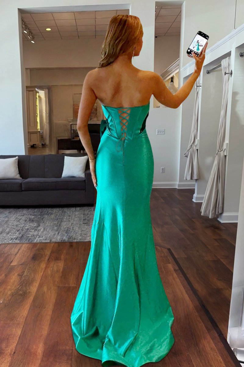Cabria | Emerald - Strapless Mermaid Satin Long Prom Dresses With Bowknot - KissProm