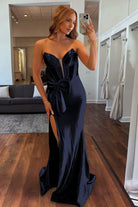 Cabria | Navy Blue - Strapless Mermaid Satin Long Prom Dresses With Bowknot - KissProm