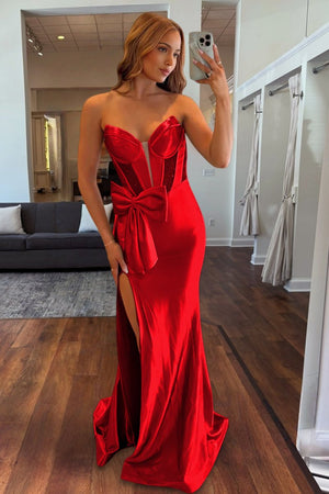 Cabria | Red - Strapless Mermaid Satin Long Prom Dresses With Bowknot - KissProm