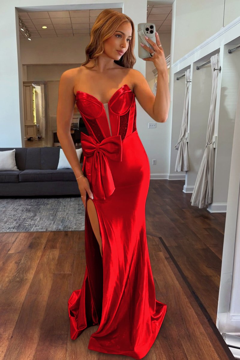 Cabria | Red - Strapless Mermaid Satin Long Prom Dresses With Bowknot - KissProm