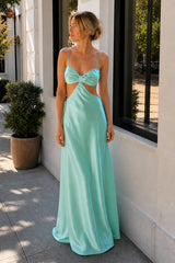 Aqua Sheath Spaghetti Straps Long Satin Prom Dresses With Cut out - KissProm