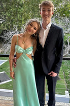 KissProm-Caeli Mint Green Sheath Spaghetti Straps Long Satin Prom Dresses With Cut out