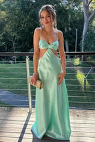 KissProm-Caeli Mint Green Sheath Spaghetti Straps Long Satin Prom Dresses With Cut out