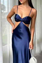 KissProm-Caeli Navy Blue Sheath Spaghetti Straps Long Satin Prom Dresses With Cut out
