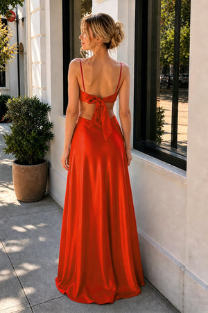 Red Sheath Spaghetti Straps Long Satin Prom Dresses With Cut out - KissProm 
