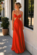 Red Sheath Spaghetti Straps Long Satin Prom Dresses With Cut out - KissProm 