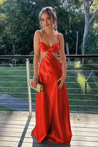 KissProm-Caeli Red Sheath Spaghetti Straps Long Satin Prom Dresses With Cut out