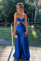 KissProm-Caeli Royal Blue Sheath Spaghetti Straps Long Satin Prom Dresses With Cut out