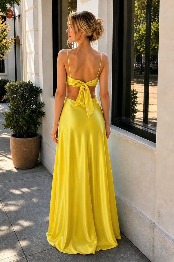 Yellow Sheath Spaghetti Straps Long Satin Prom Dresses With Cut out - KissProm 