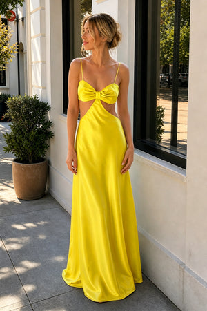 Yellow Sheath Spaghetti Straps Long Satin Prom Dresses With Cut out - KissProm 
