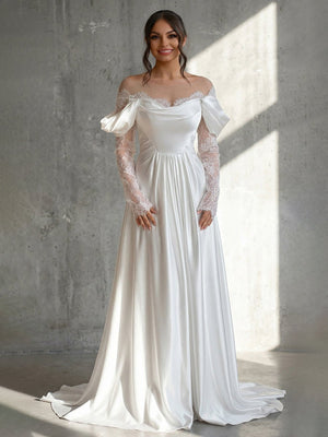 Caelira | Mermaid Off - the - Shoulder Satin Lace Wedding Dress with Slit - KissProm