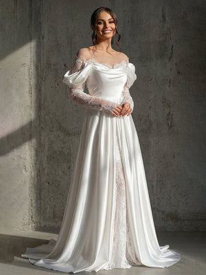 Caelira | Mermaid Off - the - Shoulder Satin Lace Wedding Dress with Slit - KissProm