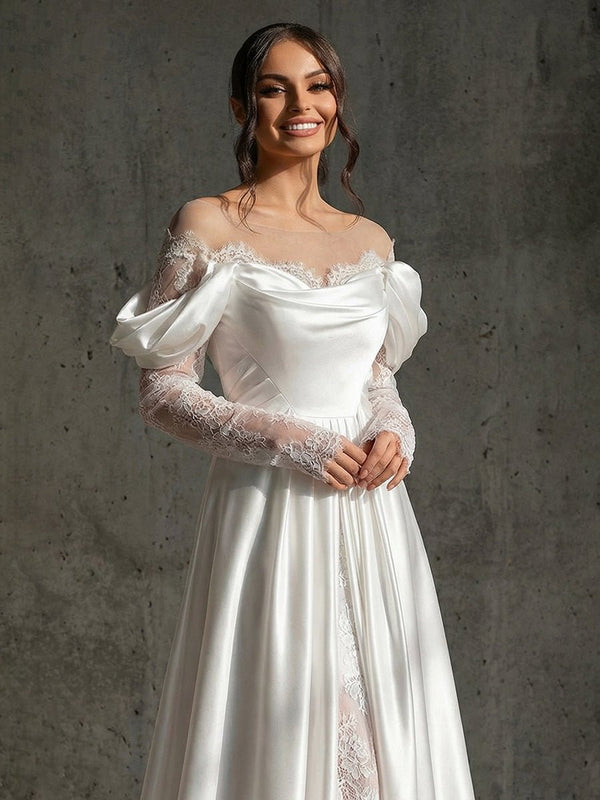 Caelira | Mermaid Off - the - Shoulder Satin Lace Wedding Dress with Slit - KissProm