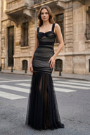 Black Sweetheart Mermaid Tulle Pleated Long Formal Prom Dresses - KissProm
