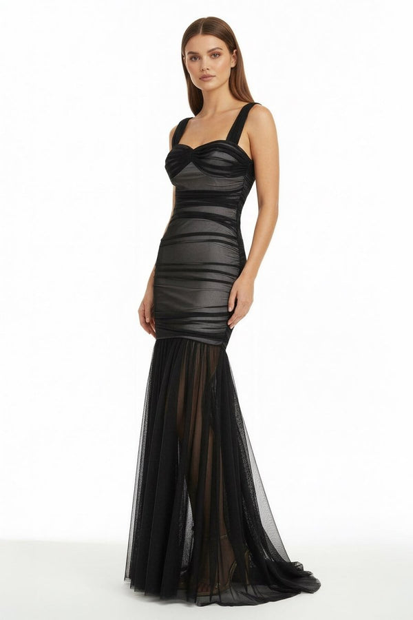 Black Sweetheart Mermaid Tulle Pleated Long Formal Prom Dresses - KissProm