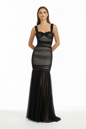 Black Sweetheart Mermaid Tulle Pleated Long Formal Prom Dresses - KissProm