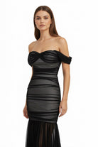 Caelis | Black - Off The Shoulder Mermaid Tulle Pleated Long Formal Prom Dresses - KissProm