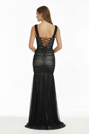 Black Sweetheart Mermaid Tulle Pleated Long Formal Prom Dresses - KissProm