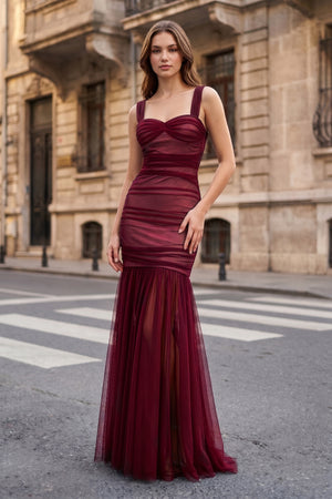 Black Sweetheart Mermaid Tulle Pleated Long Formal Prom Dresses - KissProm